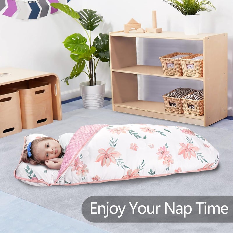 PRIMLECT Thickened Toddler Nap Mat with Removable Pillow and Minky Blanket, Extra Large 55''x35'' Sleeping Bag, Washable, Roll up, Perfect for Daycare, Preschool, Kindergarten, Boys and Girls Flowers - Image 3